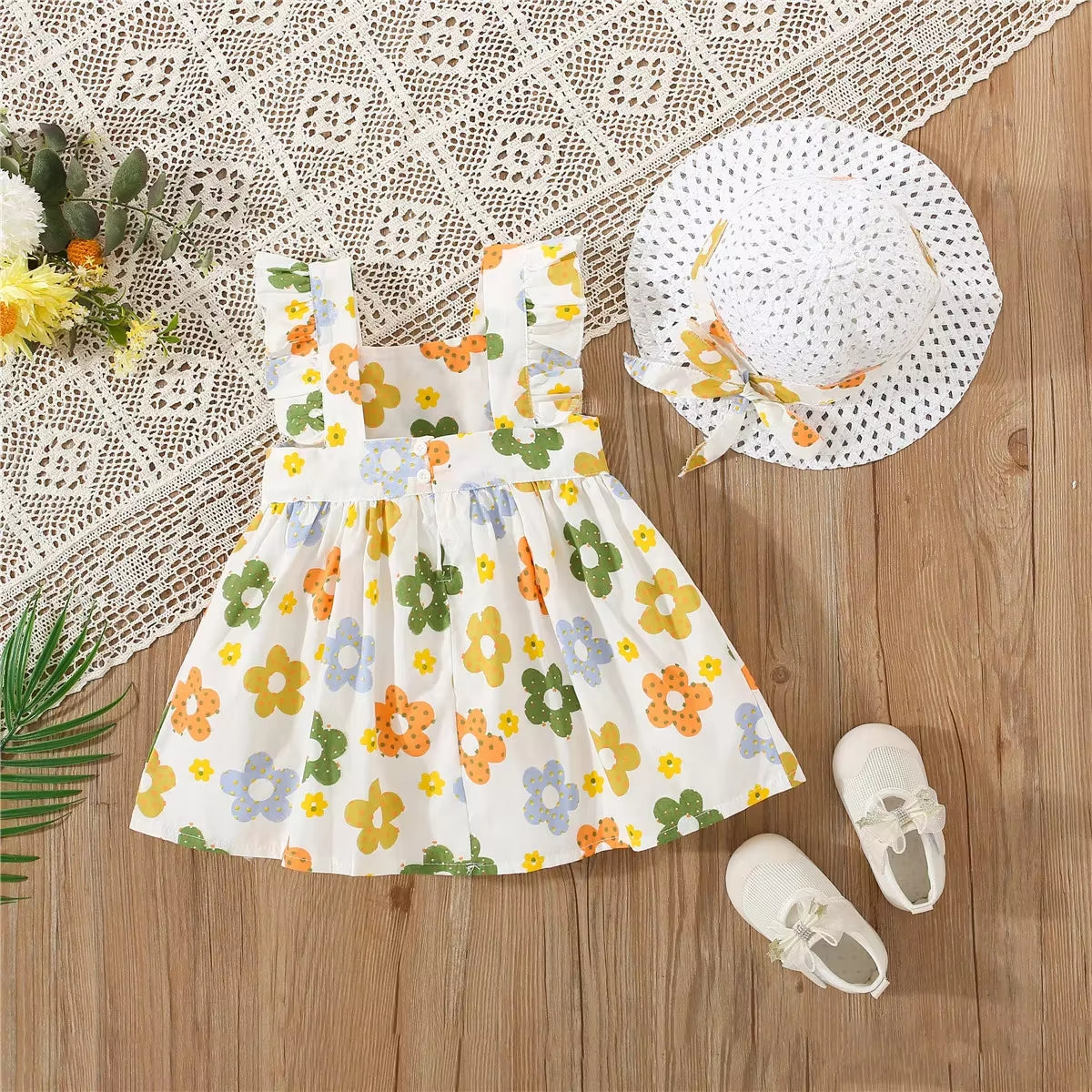 Blossombelle™ Princess Dress Set – Sweet Floral Dress with Flying Sleeves and Matching Bow Hat