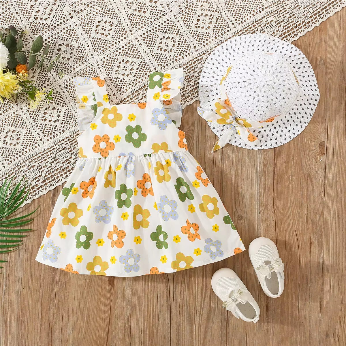 Blossombelle™ Princess Dress Set – Sweet Floral Dress with Flying Sleeves and Matching Bow Hat
