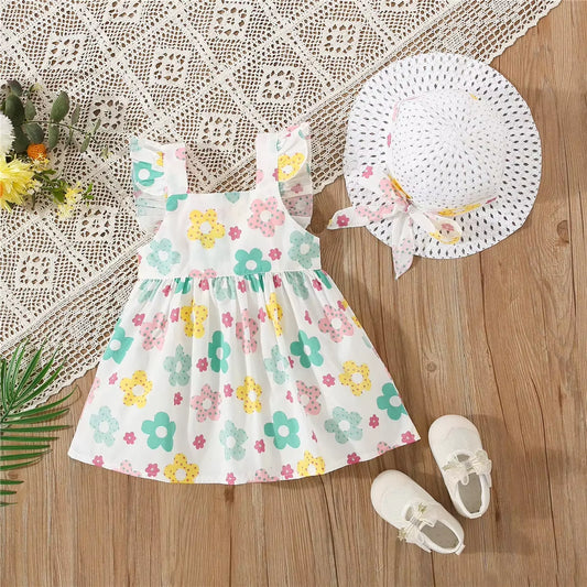 Blossombelle™ Princess Dress Set – Sweet Floral Dress with Flying Sleeves and Matching Bow Hat